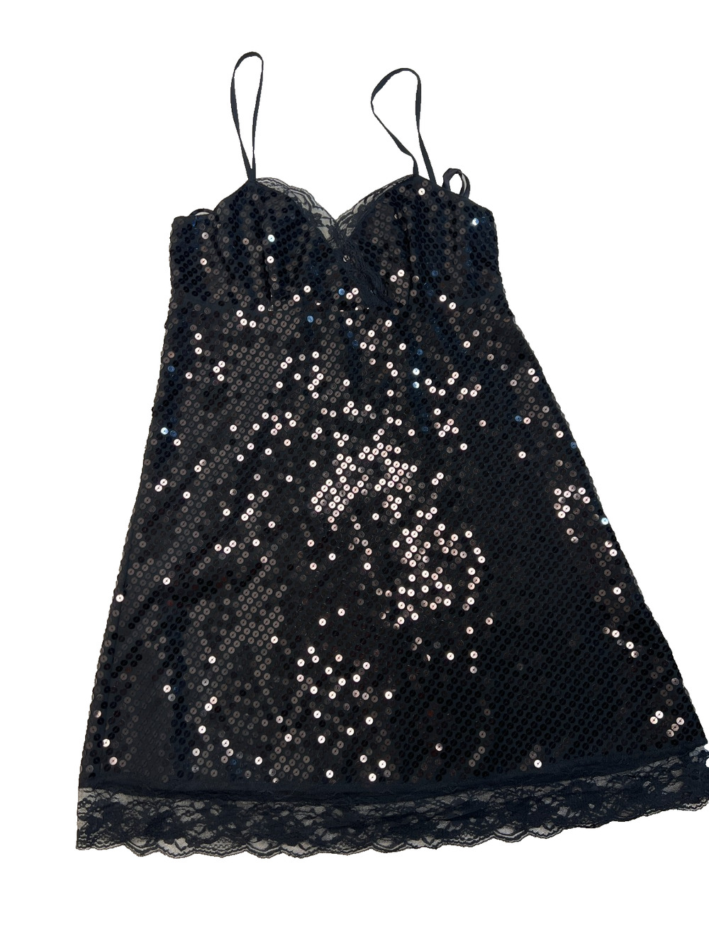 Express Womens Dress Camisole Mini Dress Sequin Lace Details Lined Black, Sz 4